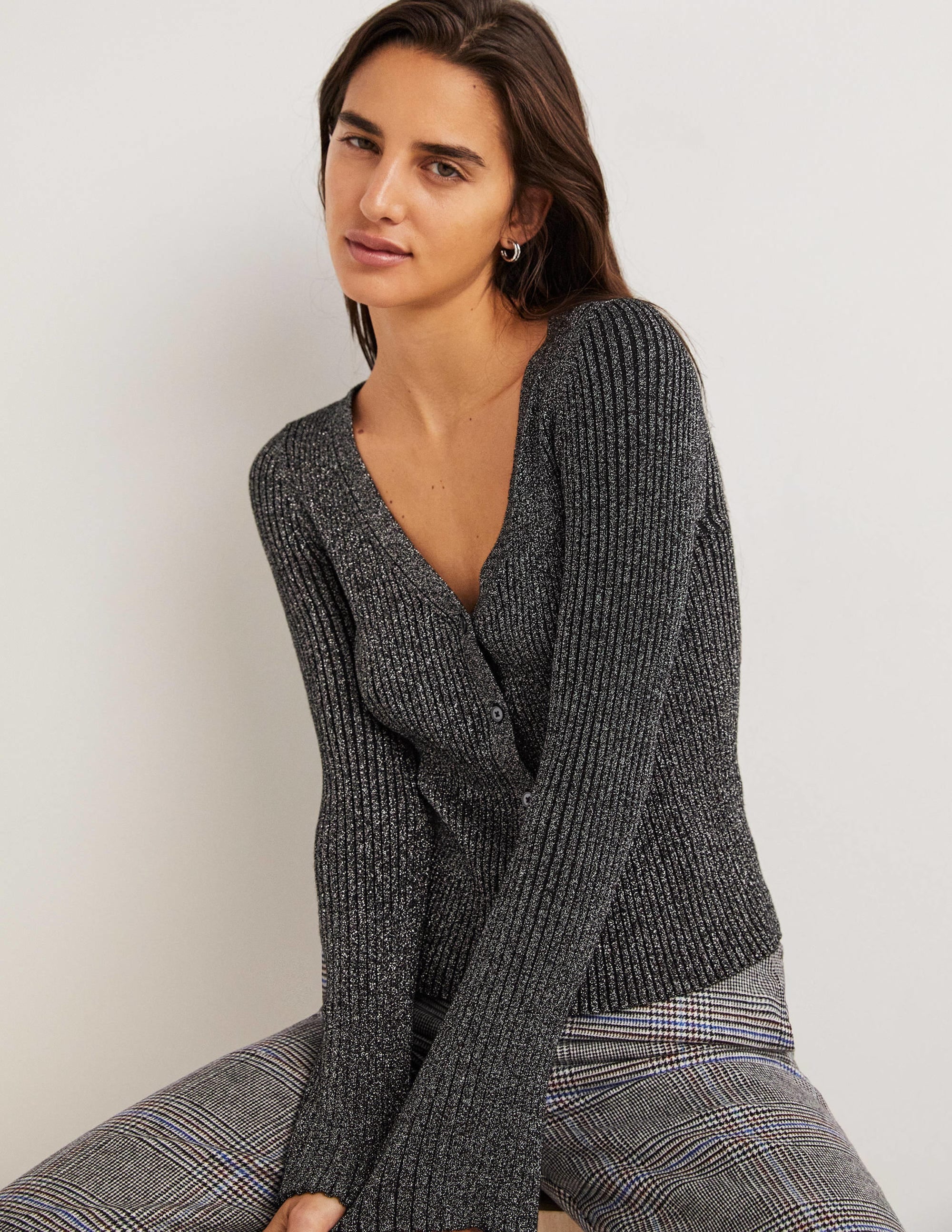 Black Ribbed Metallic Cardigan for Women - Silver & Black Shiny Knit Sweater | Perfect for Office Wear, Evening Outfits, and Fall Layering
