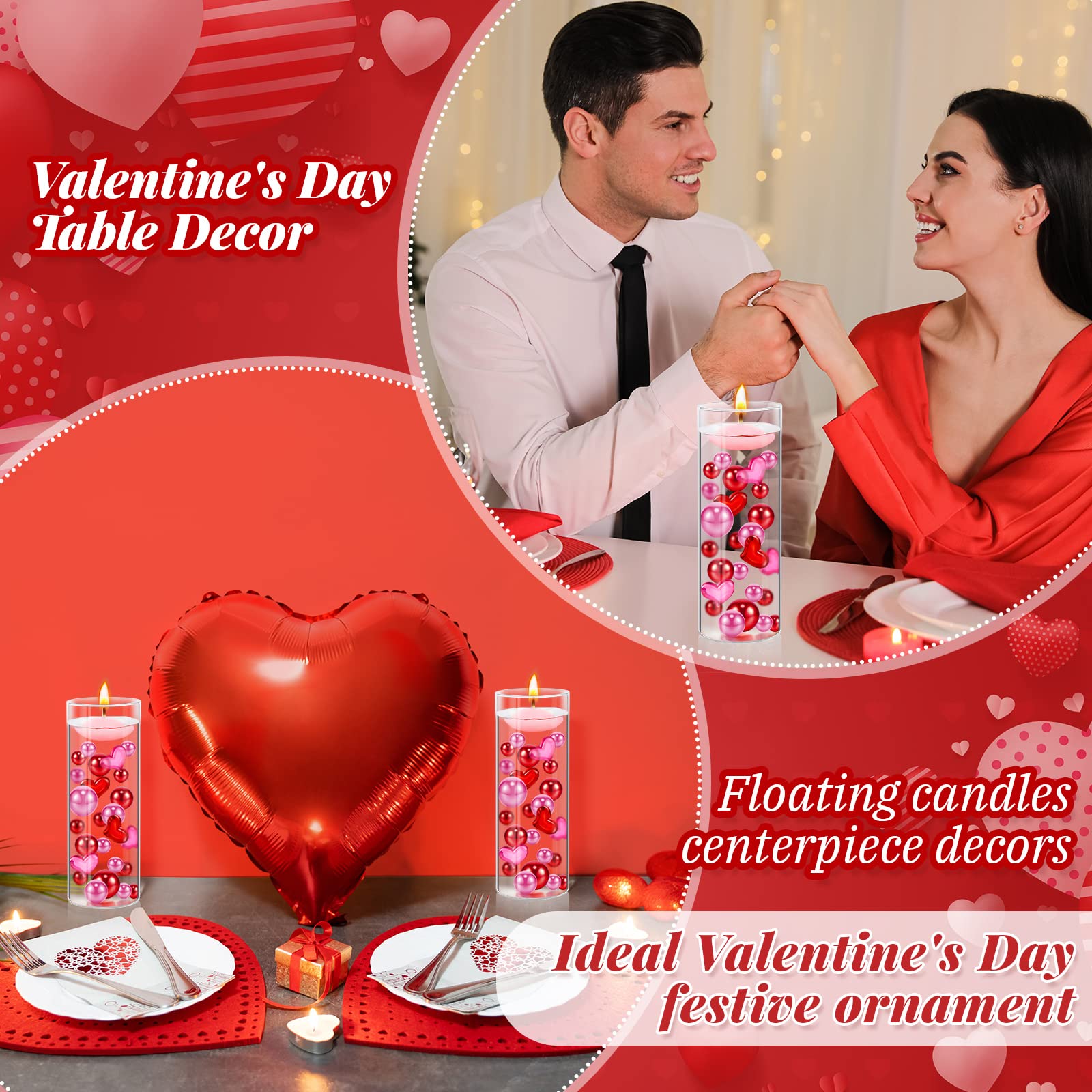 MTLEE 2116 Red Love Pearls Vase Fillers with 10 Floating Candles for Romantic Table Decor