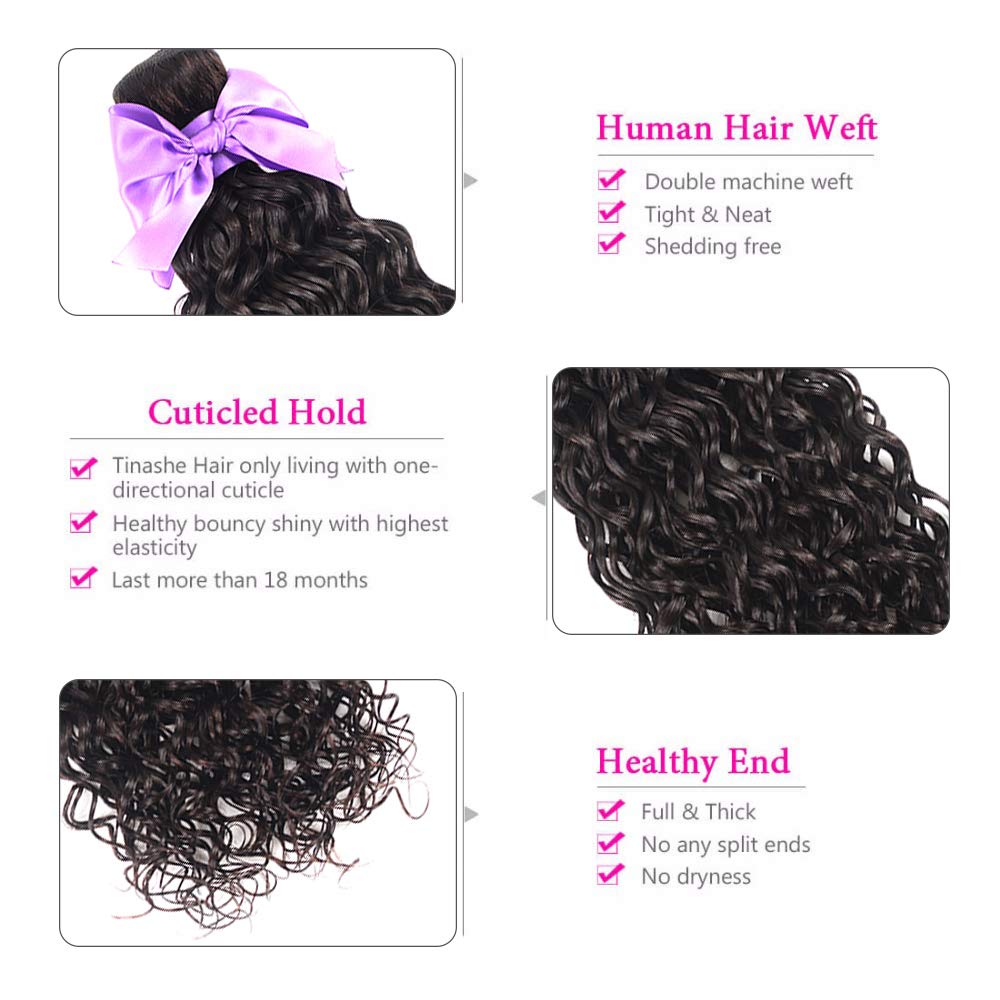 100% Virgin Brazilian Human Hair Extensions - 3 Bundles Water Wave with 13x4 Lace Frontal (14