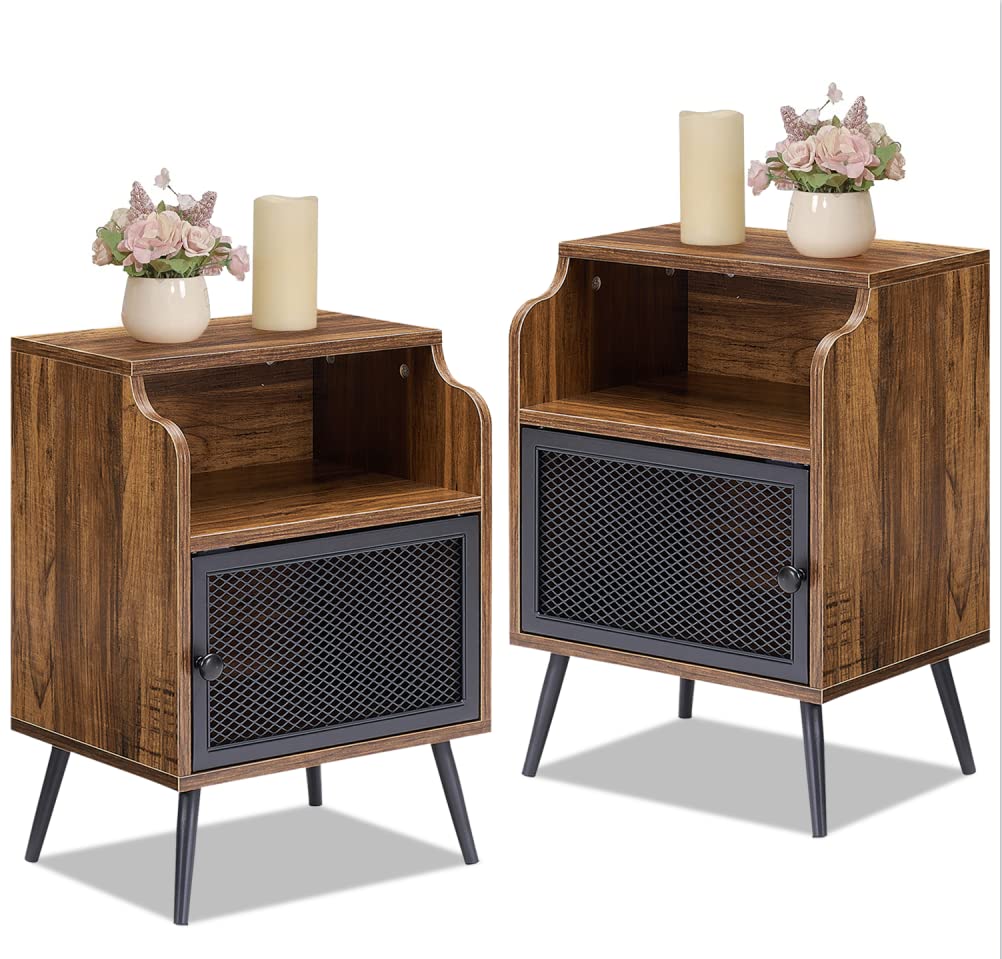 VECELO Modern Set of 2 Industrial Nightstands with Storage Cabinet and Open Shelf - Brown End Tables for Living Room & Bedroom - Perfect for Storing Books, Lamps, and Bedside Essentials