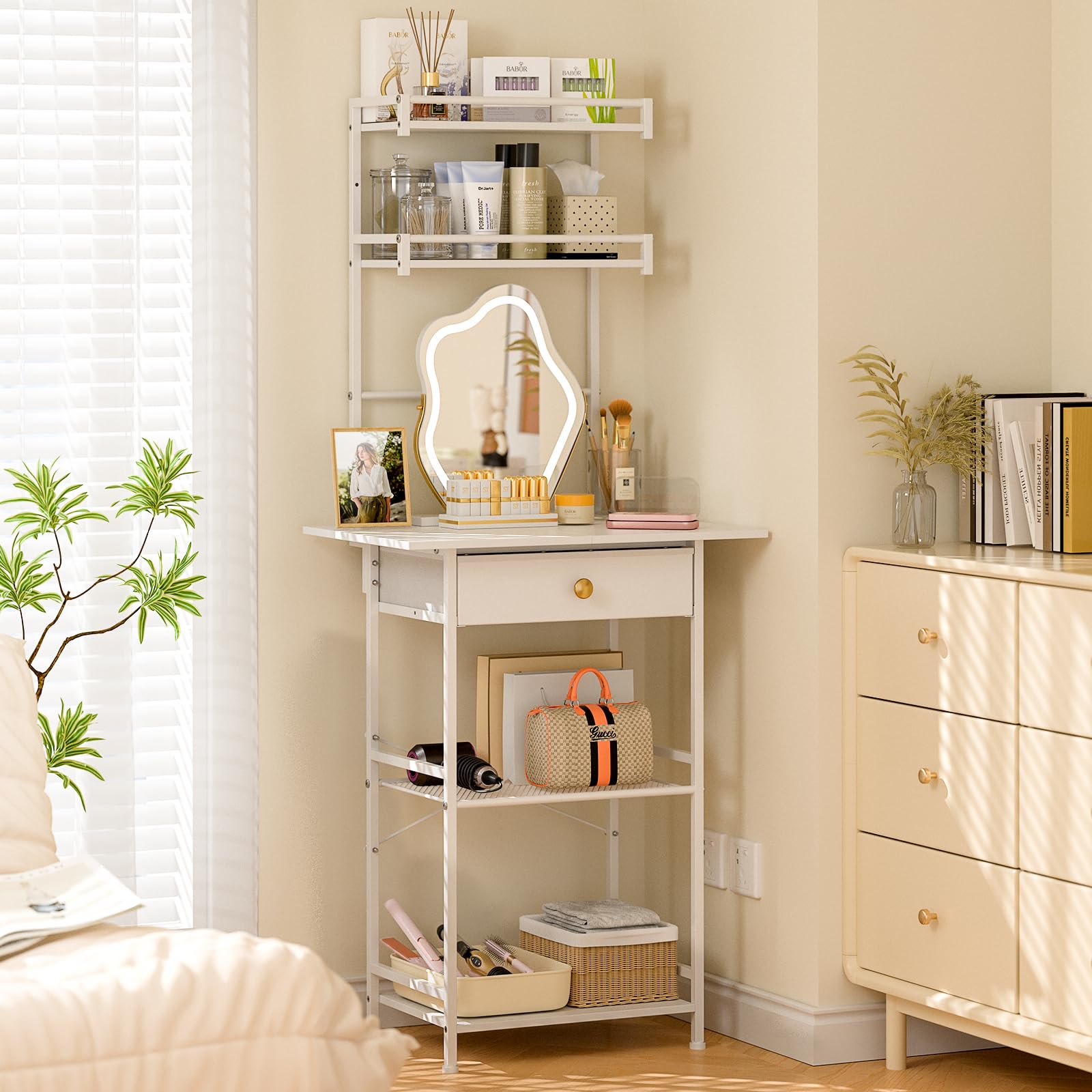 Compact White Makeup Vanity Table with Fabric Drawers - 23.6