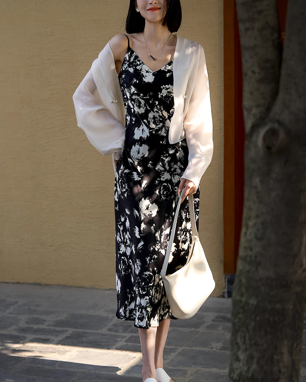 Elegant Black and White Floral Silk Dress for Women - Perfect for Weddings, Parties & Summer Outfits