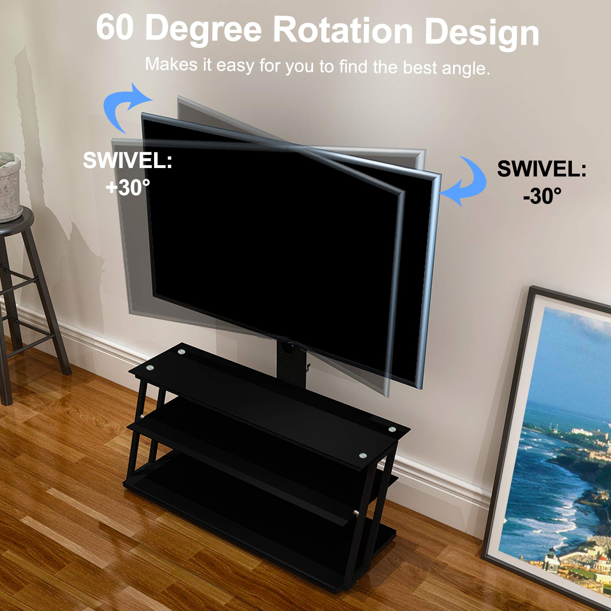 Adjustable Height TV Stand with Mount for 32-65 Inch TVs - Universal Floor Media Stand with 3-Tier Tempered Glass Shelves for Plasma, LCD, LED & Curved Screens by IANIYA - Perfect for Living Room, Bedroom or Home Theater Setup