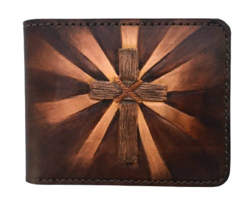Handmade 3D Genuine Leather Wallet for Men - Custom Engraved & Hand-Painted Christian Cross Design - Personalized Gift for Father's Day, Birthday & Religious Occasions