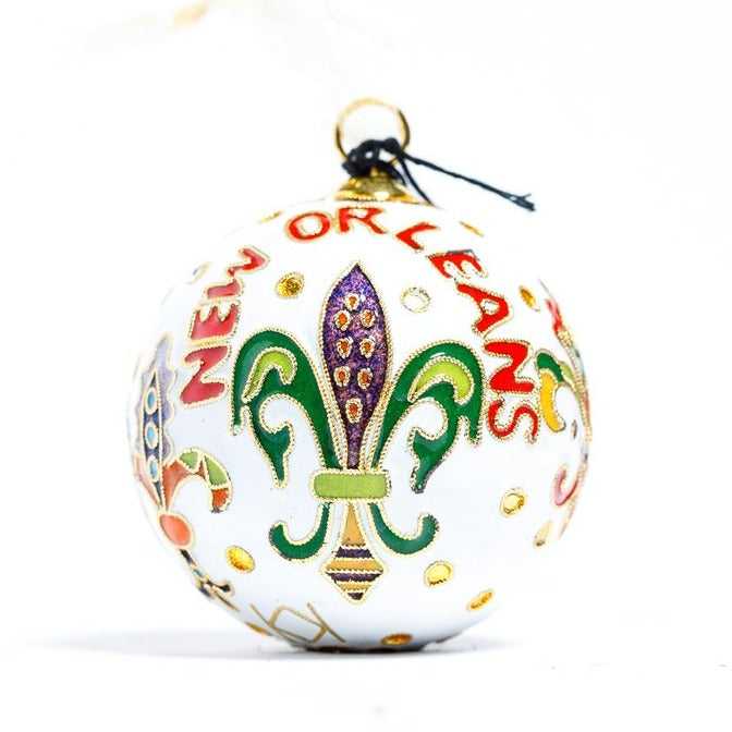 Fleur de Lis Polka Dots Cloisonne Ornament - White Handmade Enamel Decor for Home, Christmas Tree, Gift Giving & Wedding Favors