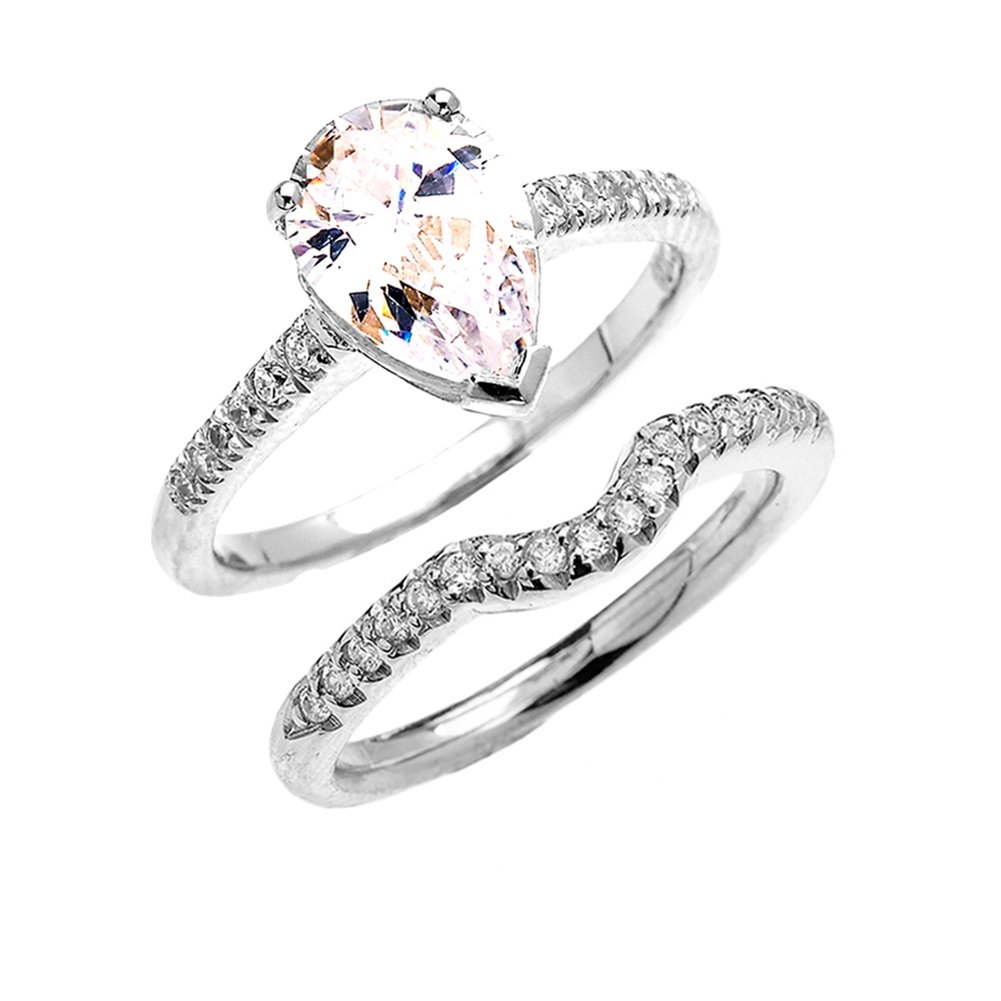 10k White Gold Pear Shaped Cubic Zirconia Engagement Ring Set - Dainty Solitaire Wedding Band for Women, Perfect for Proposals, Anniversaries & Bridal Jewelry Gifts
