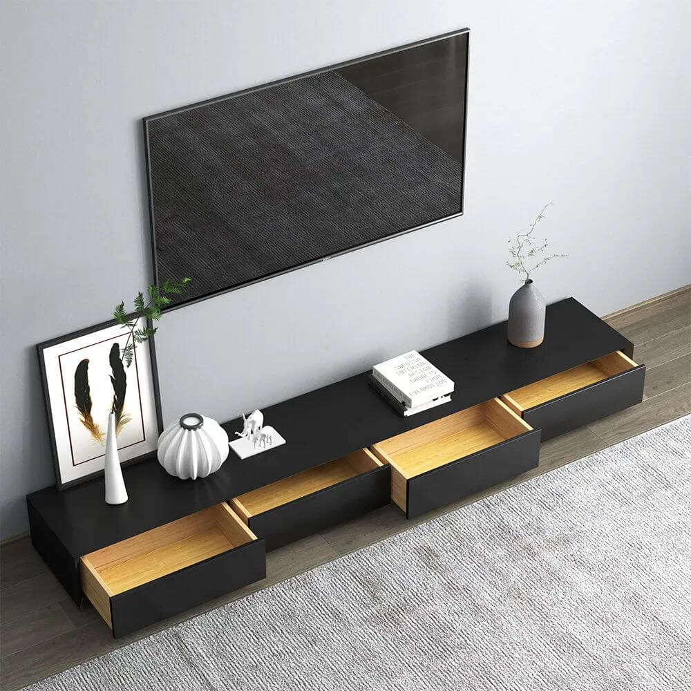 Modern Black Rectangular TV Stand Wood Media Console with 4 Drawers for TVs Up to 88