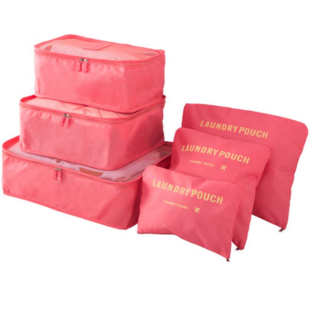 AIYoo 6-Piece Travel Storage Bags Set - Waterproof Luggage Organizers for Clothes, Toiletries & Accessories | Multi-Functional Packing Pouches for Suitcase, Carry-On & Vacation (Pink) - Perfect for Business Trips, Family Vacations & Weekend Getaways
