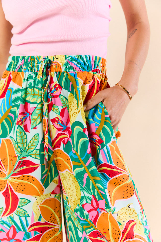 Beach Breeze Blue Mixed Print Wide Leg Pants for Women - Comfortable Summer Vacation & Boho Style Outfit