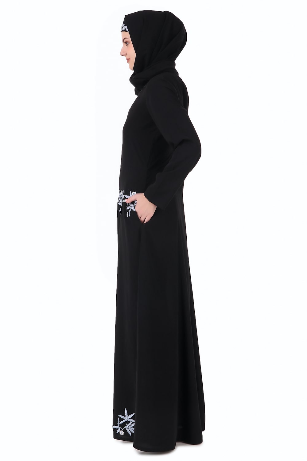 Floral Embellished Flared Nida Abaya - Elegant Muslim Prayer Dress for Women | Perfect for Eid, Ramadan & Special Occasions