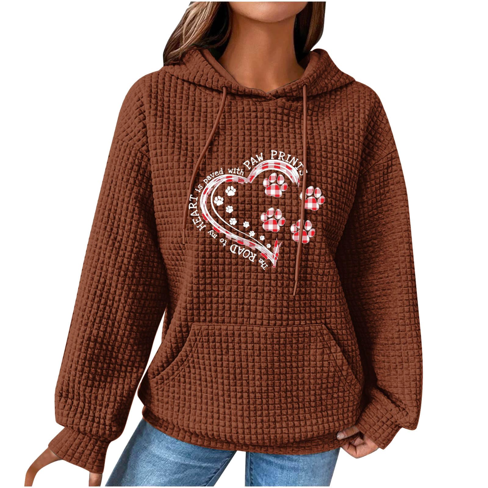 Namayuj Women's Waffle Hoodie - Dog Paw & Love Heart Graphic Print, Pocketed Sweatshirt with Drawstring, Long Sleeve Pullover for Fall 2024 | Cozy Casual Wear, Dog Lover Outfit, Autumn Layering Essential