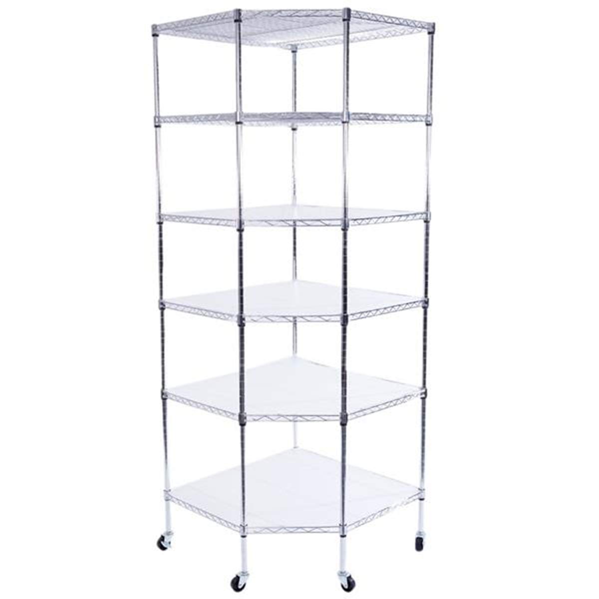 6-Tier Chrome Plated Metal Corner Shelf - 68 x 68 x 180cm Pentagon Bookshelf with Wheels for Kitchen Storage, Book Display & Home Organization - Perfect for Small Spaces, Pantry Organization & Living Room Decor