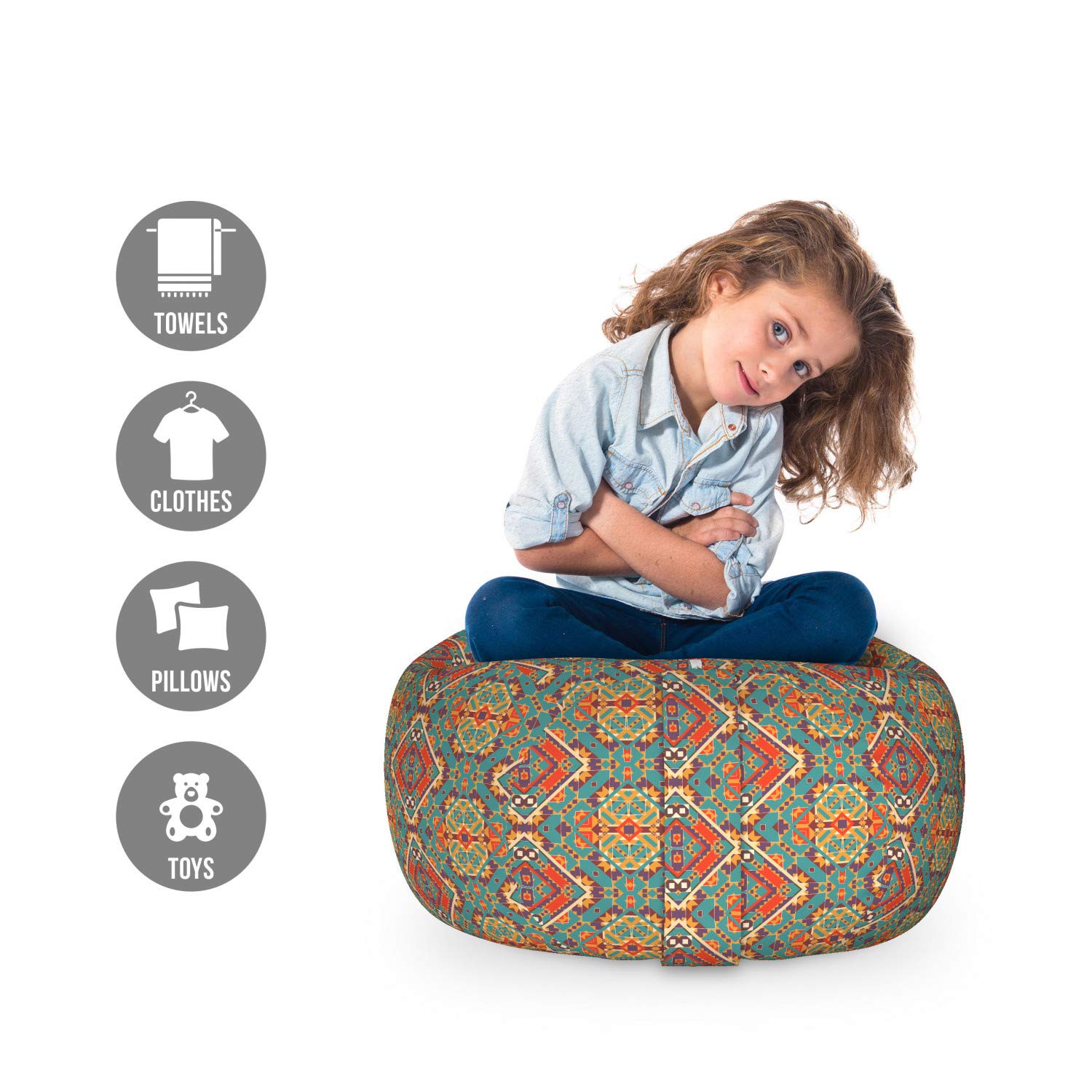 Ambesonne Turquoise Storage Toy Bag Chair - Indigenous Art Folk Tile Tribal Design, Stuffed Animal Organizer & Washable Storage Bag, Small Size (Turquoise & Orange) - Perfect for Kids' Room, Playroom & Nursery Organization