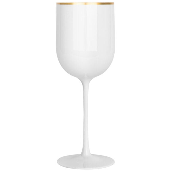12 Oz White Plastic Wine Goblets with Gold Rim - Set of 5 - Shatterproof & Elegant for Outdoor Parties, Weddings, and Picnics