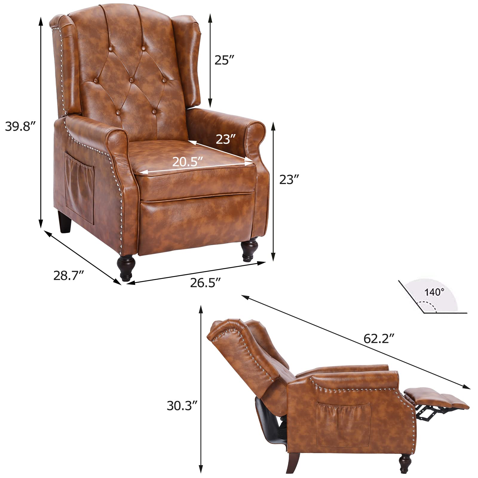 PU Leather Wingback Recliner Chair with Heat & Massage - Home & Office Comfort (Cognac Brown)
