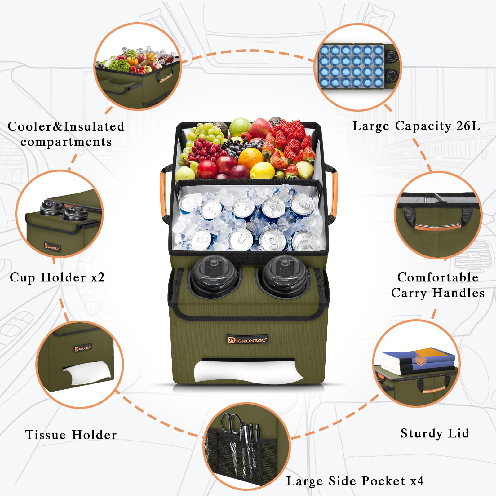 Car Seat Organizer with Cooler Compartment & Cup Holder - Front & Back Seat Storage for Kids - Travel Organizer with Lid, Tissue Holder for Road Trips & Family Vacations - Olive Green