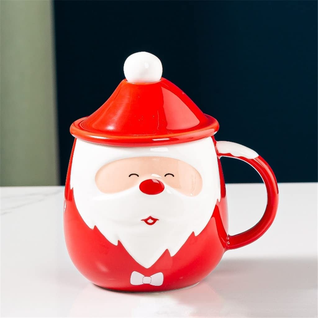 Santa Claus Ceramic Coffee Mug with Lid & Spoon - Large Capacity Insulated Christmas Themed Drinkware for Hot Cocoa, Milk & Coffee - Perfect for Holiday Gifts & Cozy Winter Mornings (Red, One Size)