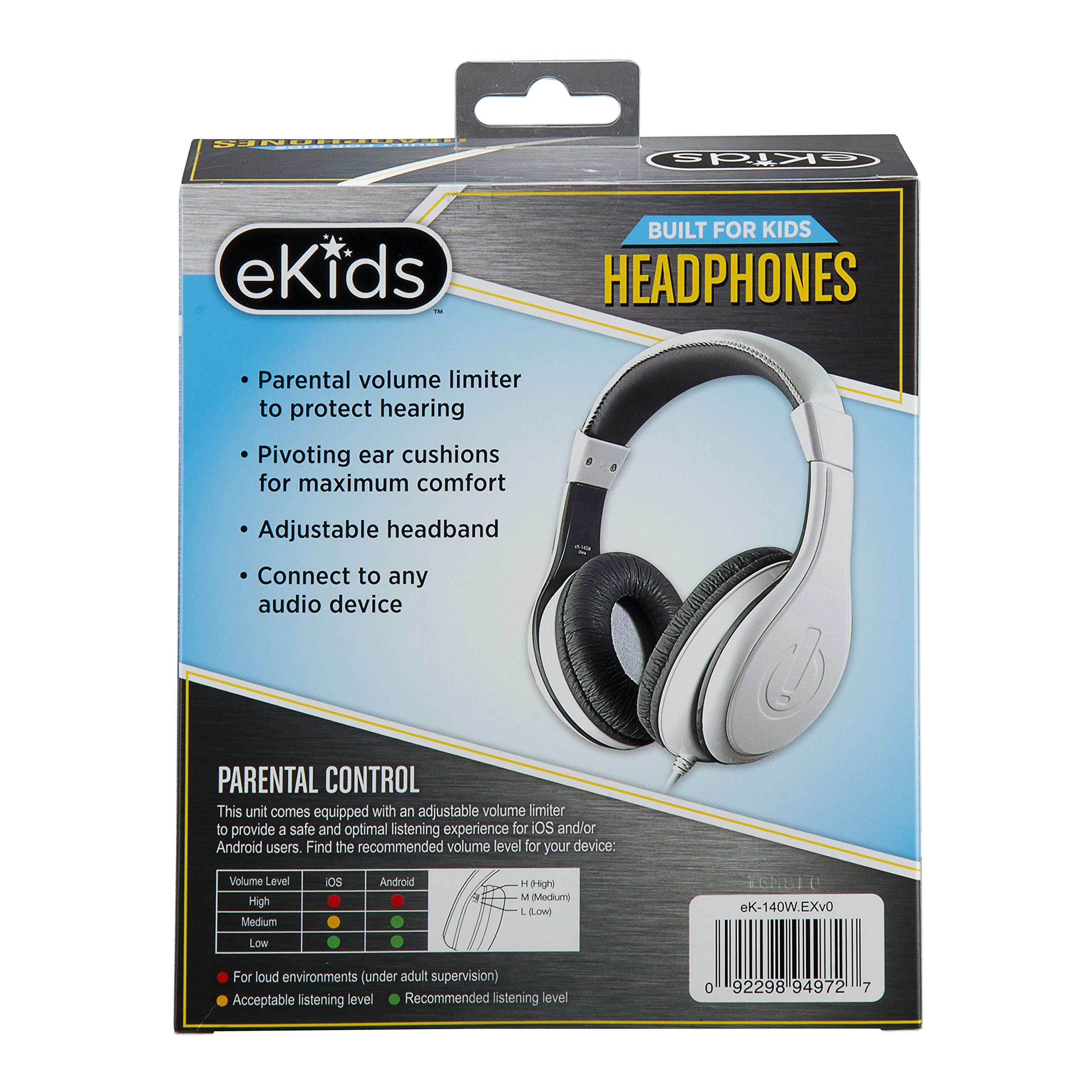 eKids Wired Over-Ear Headphones for Children - Stereo Sound, 3.5mm Jack, Tangle-Free Cord & Volume Limiting - Perfect for Travel, School & Home Use (White)