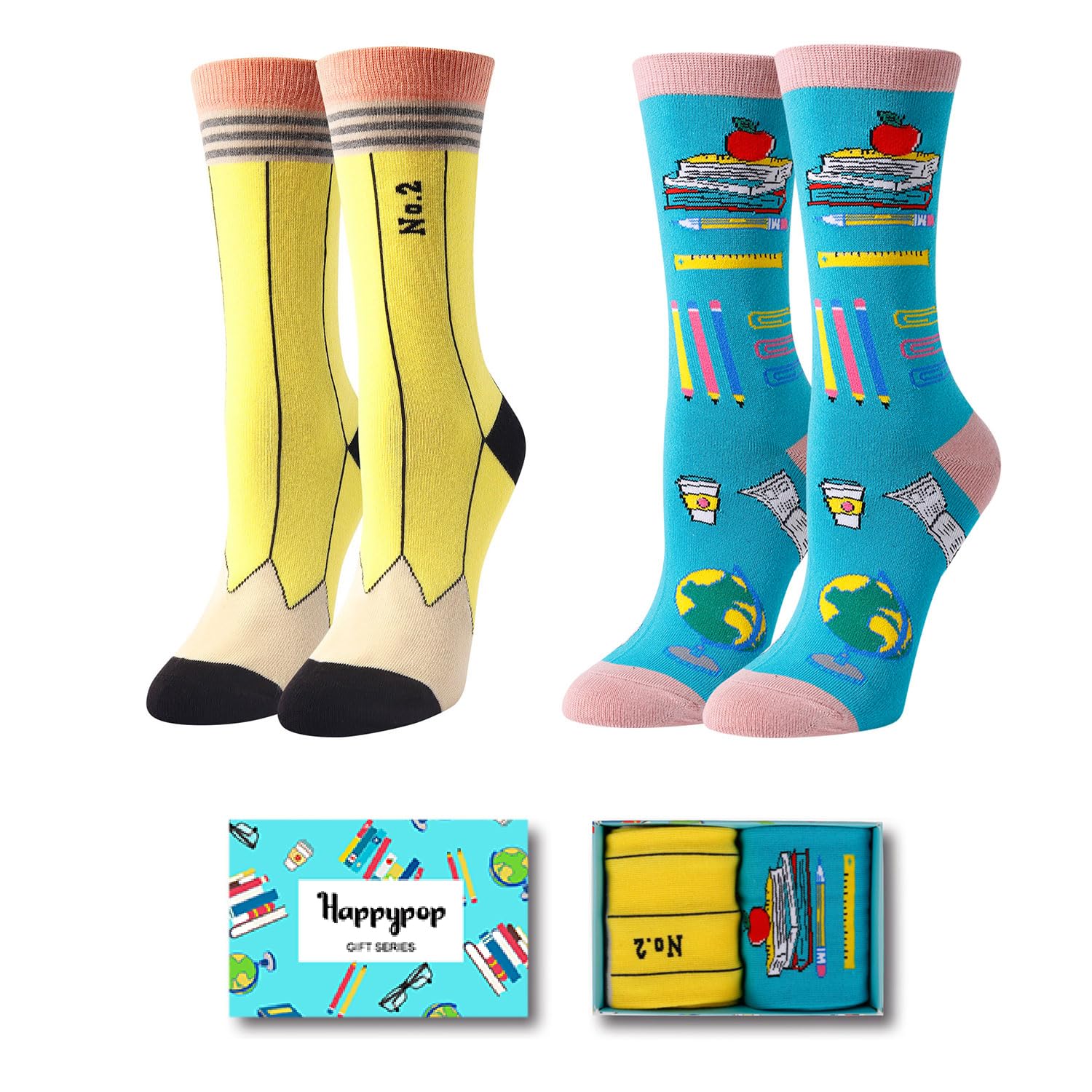 HappyPop Funny Pencil Socks for Women - Cute Crazy Teacher Socks, Book Lover Gifts, Reading Socks for Girls - Perfect for Classrooms, Book Clubs & Gifts for Readers