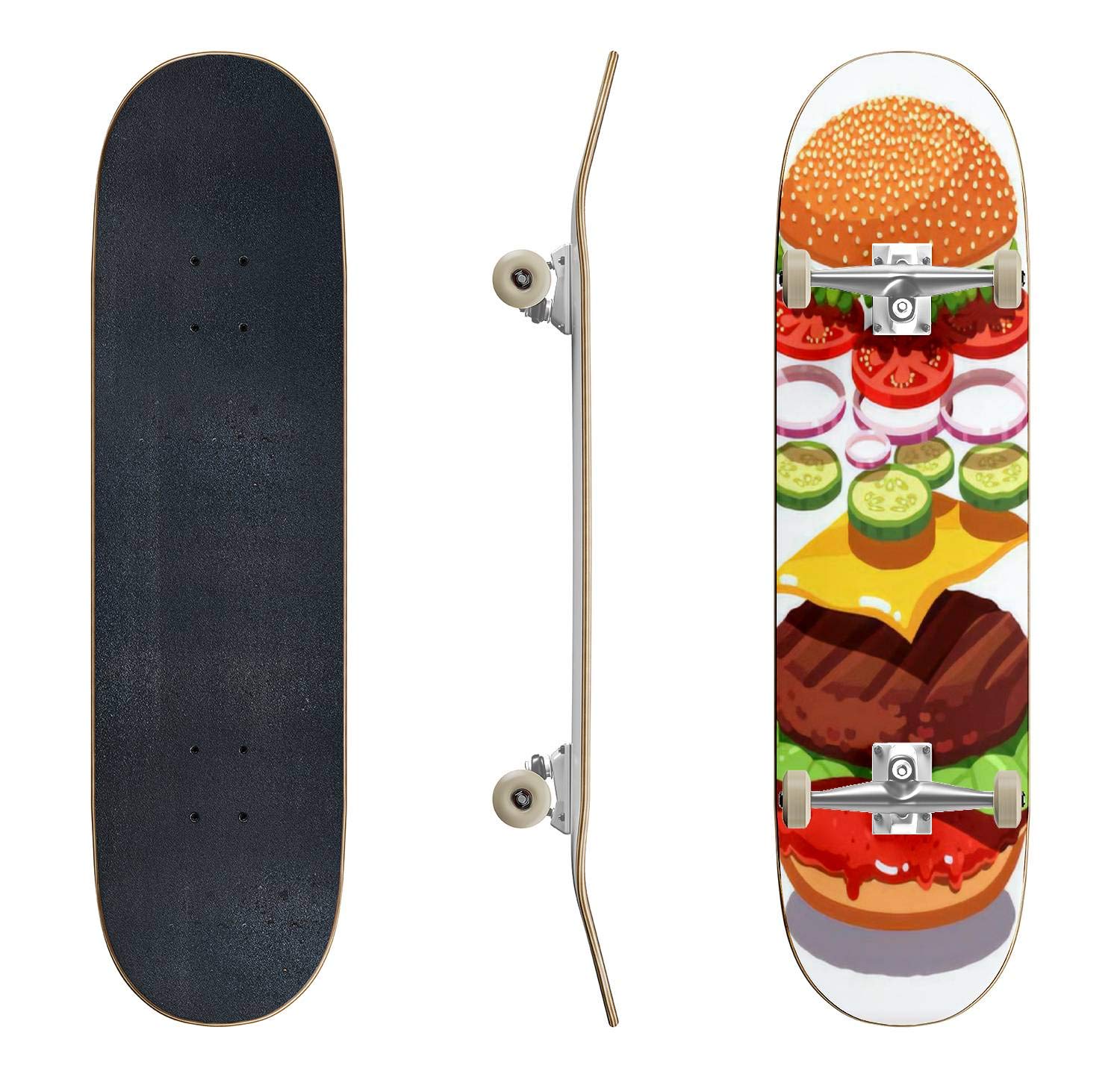 Premium Concave Skateboard for Beginners & Pros - Classic Grilled Hamburger Design - Longboard for Extreme Sports & Teen Gifts - Perfect for Street Skating, Park Tricks & Commuting