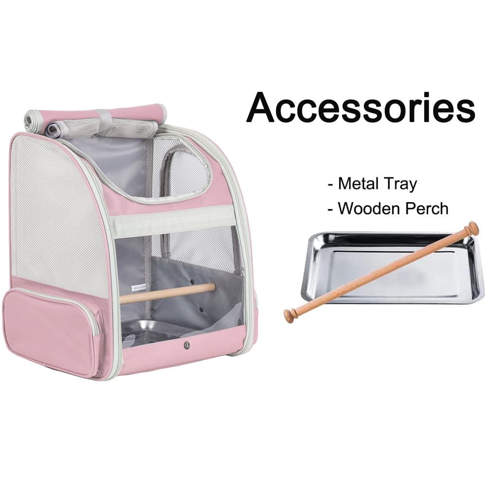 Bird Carrier Backpack with Wooden Stand Perch - Portable Travel Cage for Small Birds (Pink) | Perfect for Vet Visits, Outdoor Adventures & Air Travel