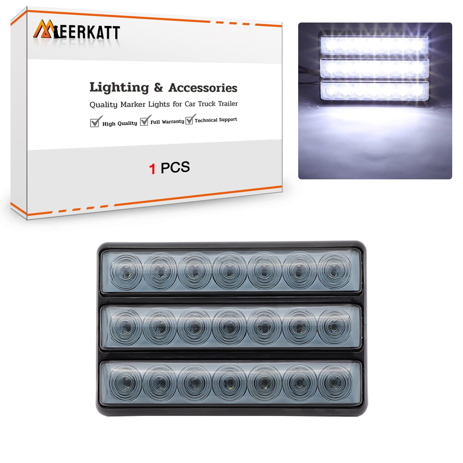 8 Inch Smoked Lens White Sealed LED Clearance Lamp - 7 LED Long Tail Lights with Triple Bracket for Heavy Duty Truck & Trailer (12V DC Universal L7) - Perfect for Semi Trailers, Commercial Vehicles & RV Safety Lighting