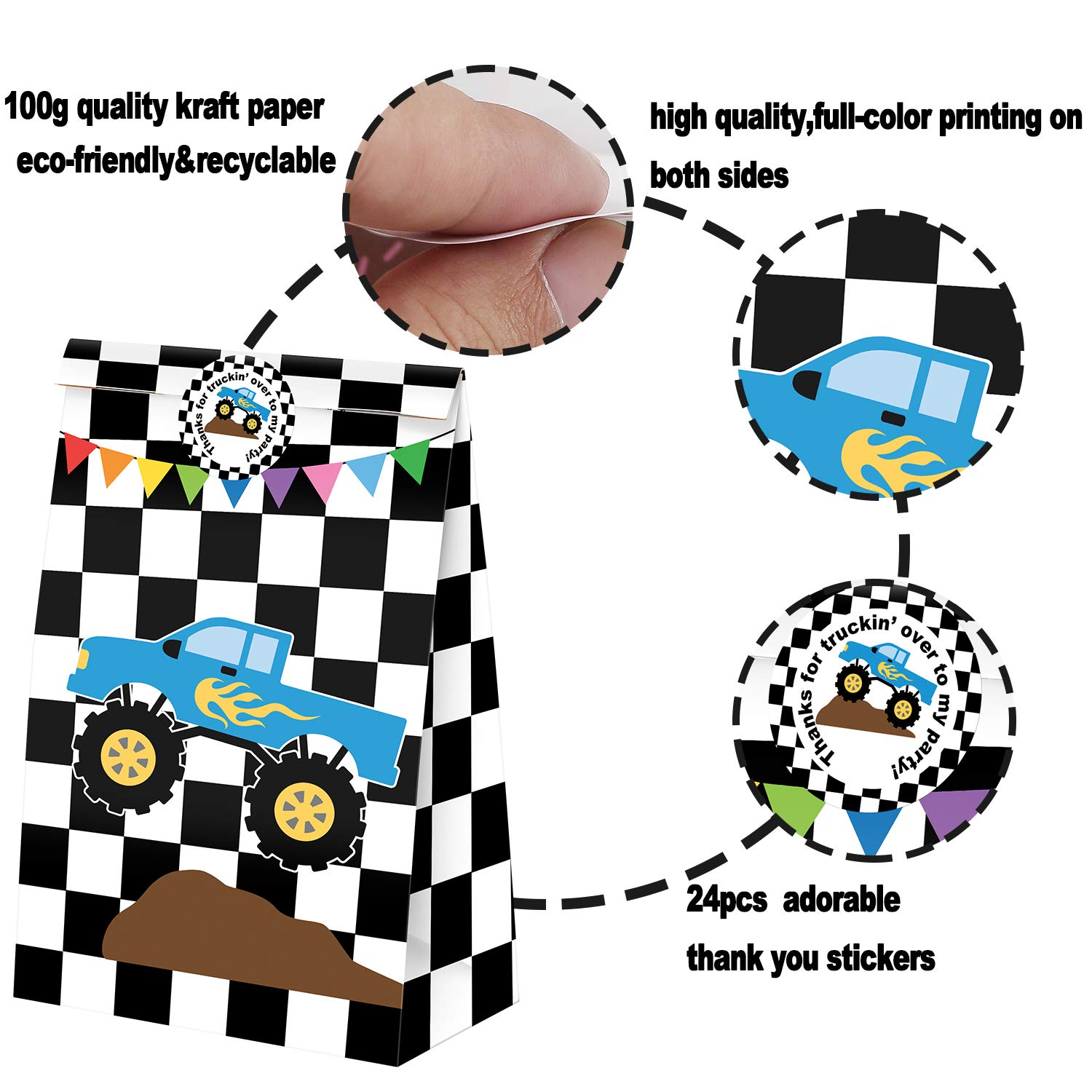 24 Pack Monster Truck Party Favor Bags with Stickers - Bulk Goodie Gift Treat Bags for Kids Birthday Party Supplies - Perfect for Monster Truck Themed Birthday, School Events & Carnival Prizes