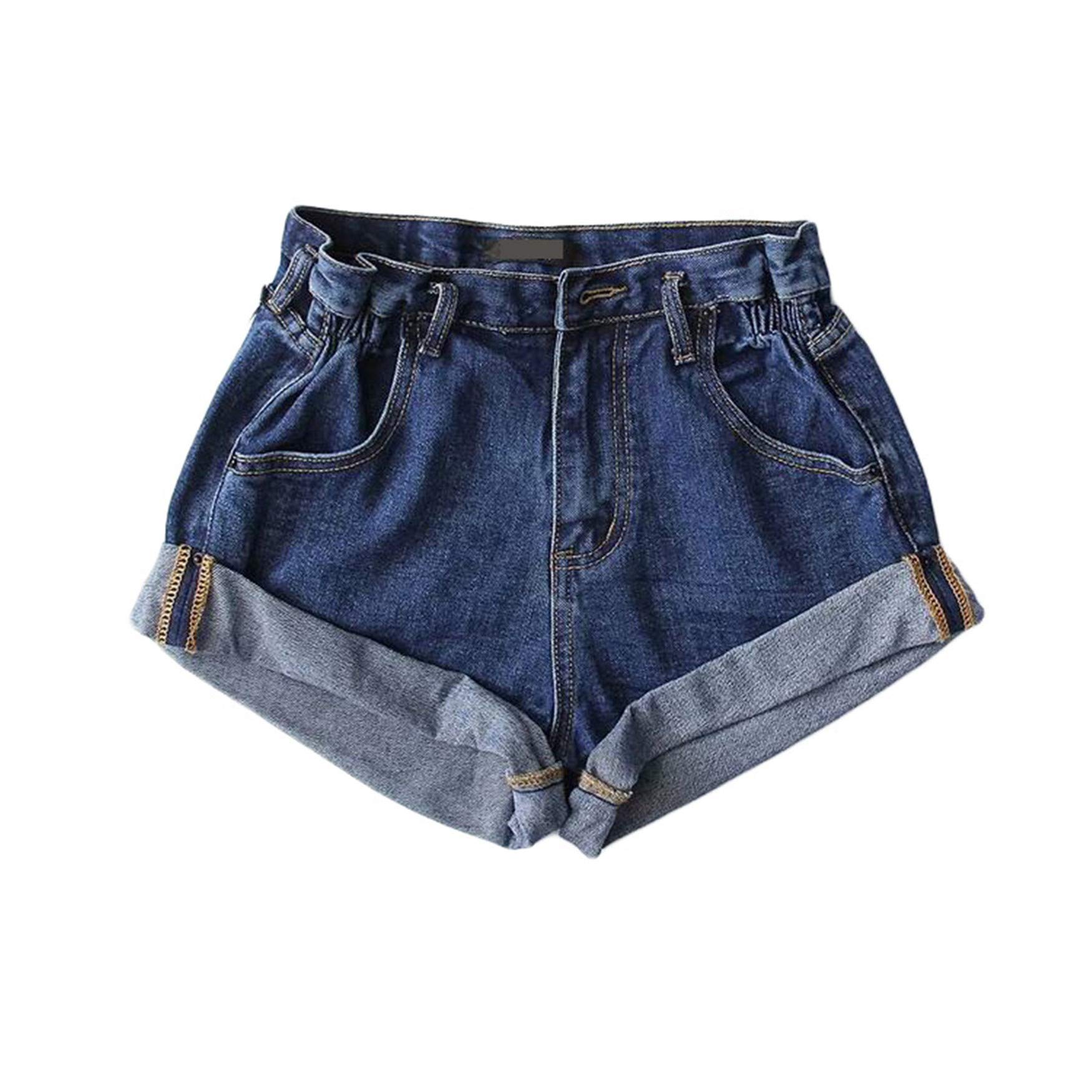Andongnywell Women's Stretch Denim Shorts with Elastic Waist & Double Pockets - Casual Rolled Hem Jean Shorts for Summer Outfits, Beach, and Travel