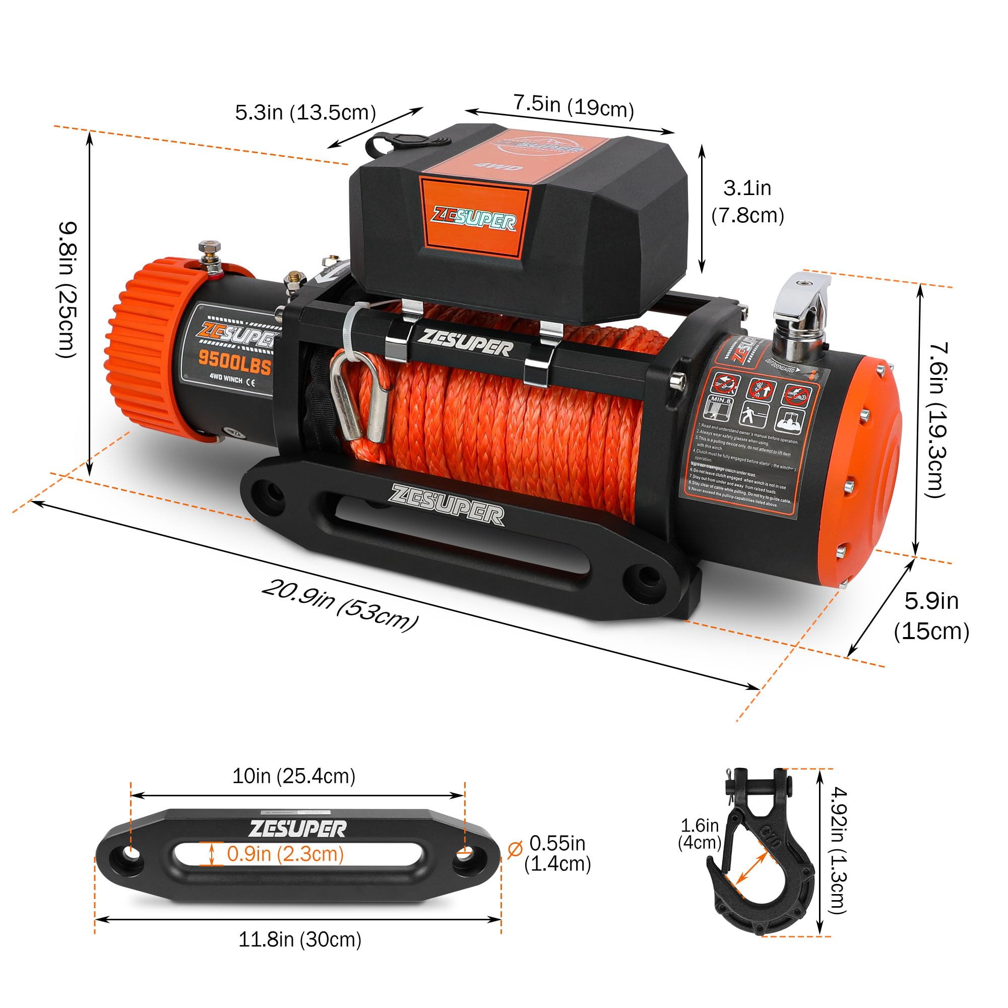 ZESUPER 9500 lb Electric Winch - 12V Heavy Duty Winch with Hawse Fairlead, IP67 Waterproof, Wireless Remote & Wired Handle, Synthetic Rope - Ideal for Off-Roading, Towing, and Marine Applications