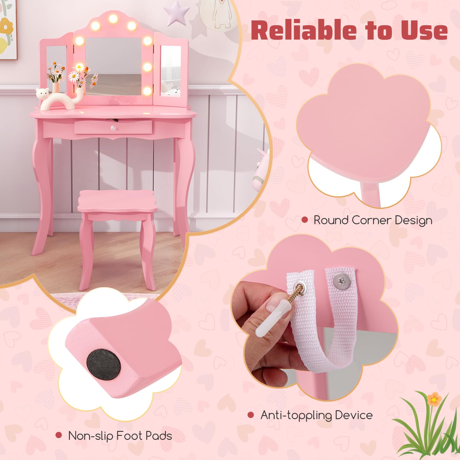 AKUSTIK Kids Vanity with LED Lights - 2-in-1 Wooden Dressing Table & Chair Set with Tri-Fold Mirror, Stool & Storage Drawer - Princess Pretend Play Beauty Kit - Perfect Gift for Toddler Girls (Ideal for Bedroom Play, Birthday Presents & Role-Playing Activities)