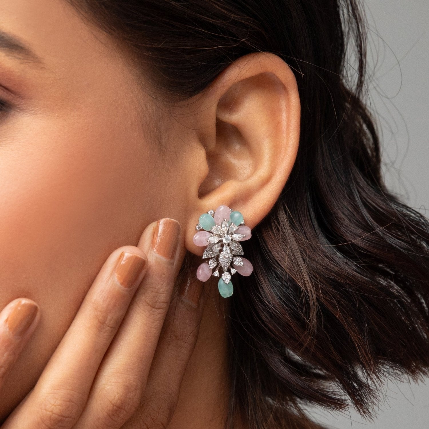 Floral Elegance CZ Mint Beads Stud Earrings for Women - Dainty Cubic Zirconia Jewelry for Everyday Wear, Parties & Special Occasions