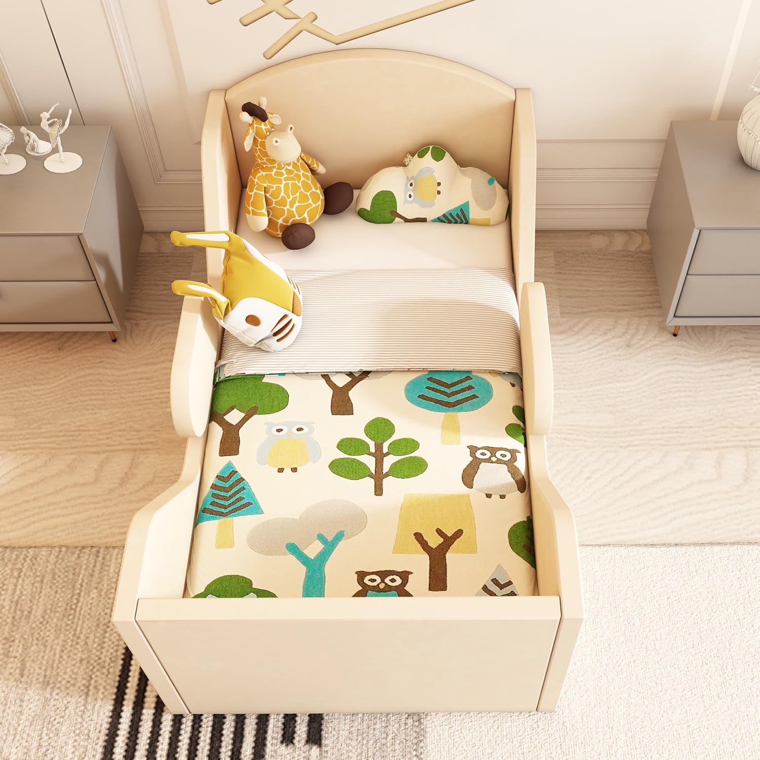 Round Toddler Bed with Safety Rail & Upholstered Headboard - Standard Crib Size Floor Bed for Kids 18 Months to 6 Years (Yellow, No Mattress Included) | Perfect for Montessori Rooms, Daycare Centers & Safe Toddler Sleep Spaces