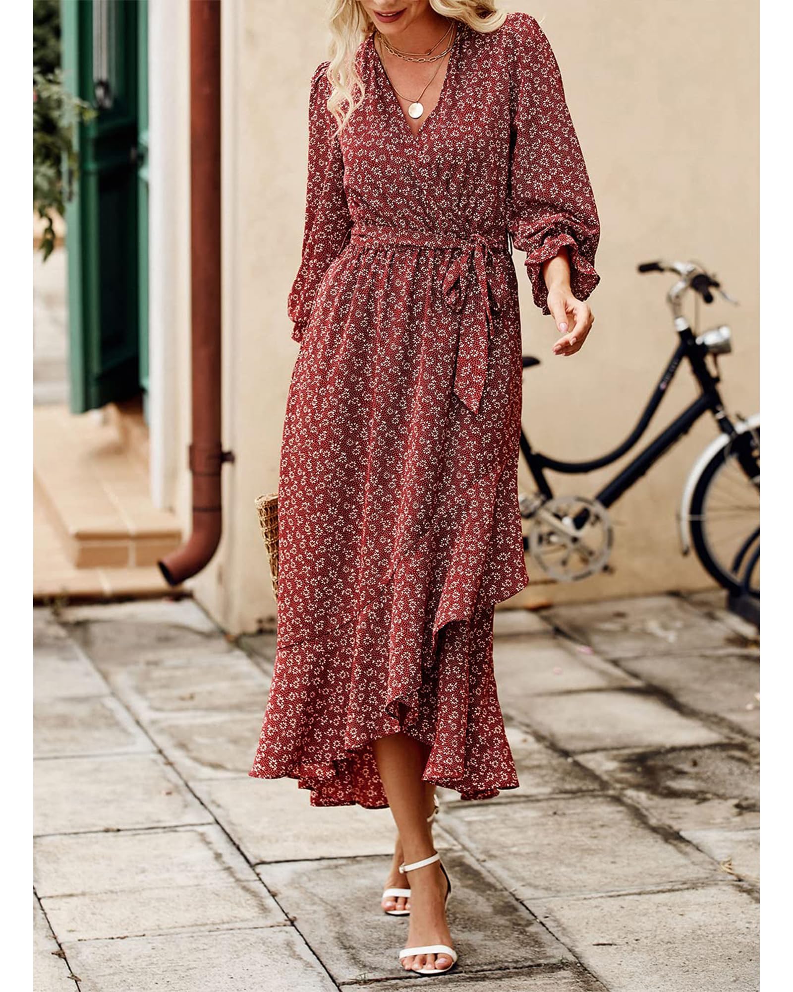 BTFBM Women's Floral Boho Long Sleeve Dress - V Neck High Waist Ruffle Summer Dress for Wedding Guest, Spring & Summer Fashion 2025 | Perfect for Garden Parties, Bridal Showers & Casual Elegant Occasions