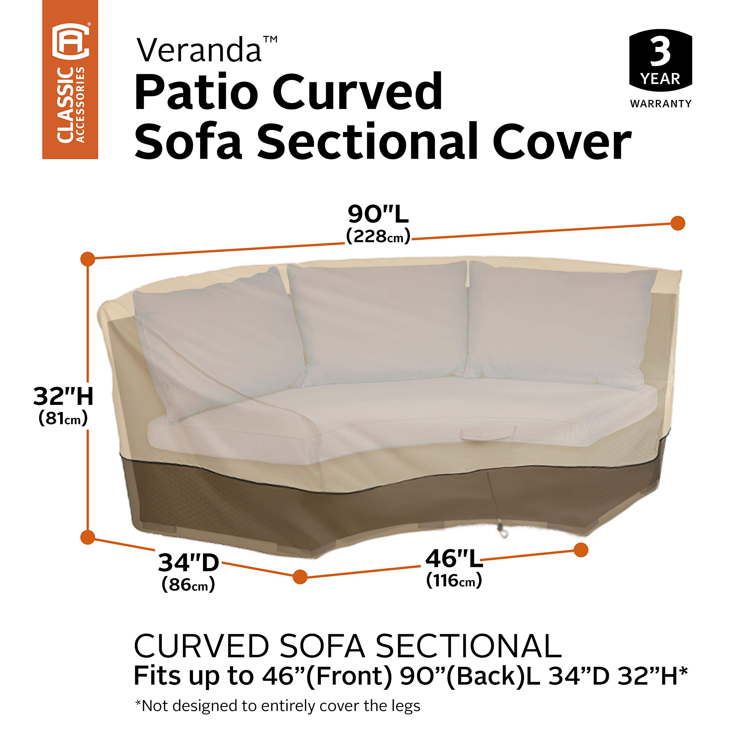 Classic Accessories Veranda 46 Inch Water-Resistant Patio Curved Sofa Sectional Cover - Durable Outdoor Furniture Protection for All Seasons