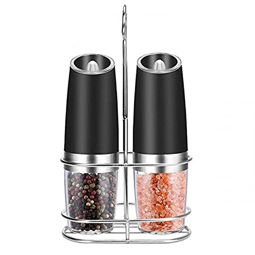 Premium Gravity Electric Salt and Pepper Grinder Set - Automatic Adjustable Coarseness Pepper Mill with Metal Stand - Kitchen Spice Grinder for Fresh Seasoning (2 Black with Holder) - Perfect for Cooking, Dining & Gourmet Meal Preparation