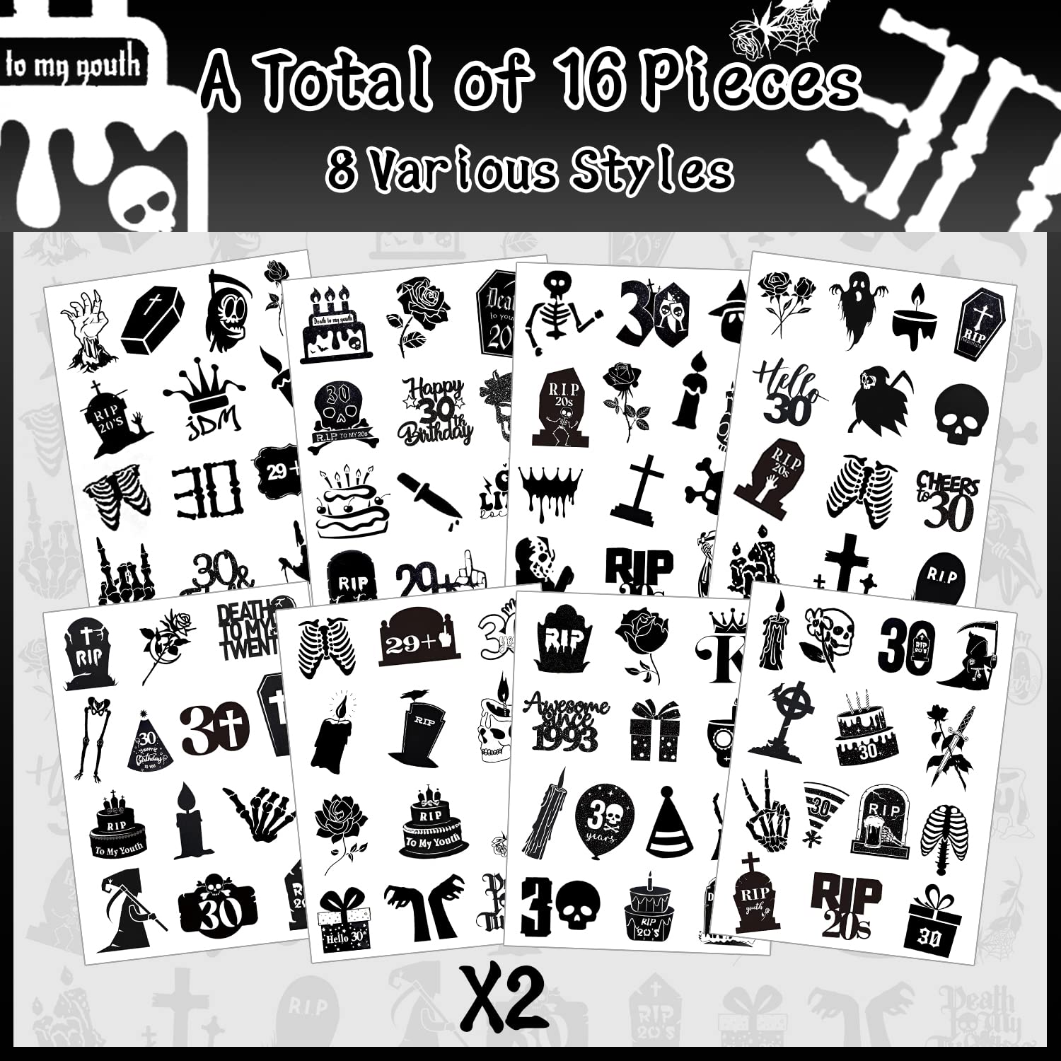 190 PCS Death to My 20s Party Decorations - RIP My Twenties Temporary Tattoos & 30th Birthday Supplies - Funny Black Funeral Theme for Women & Men - Perfect for Thirtieth Birthday Parties, Milestone Celebrations & Humorous Adult Gatherings