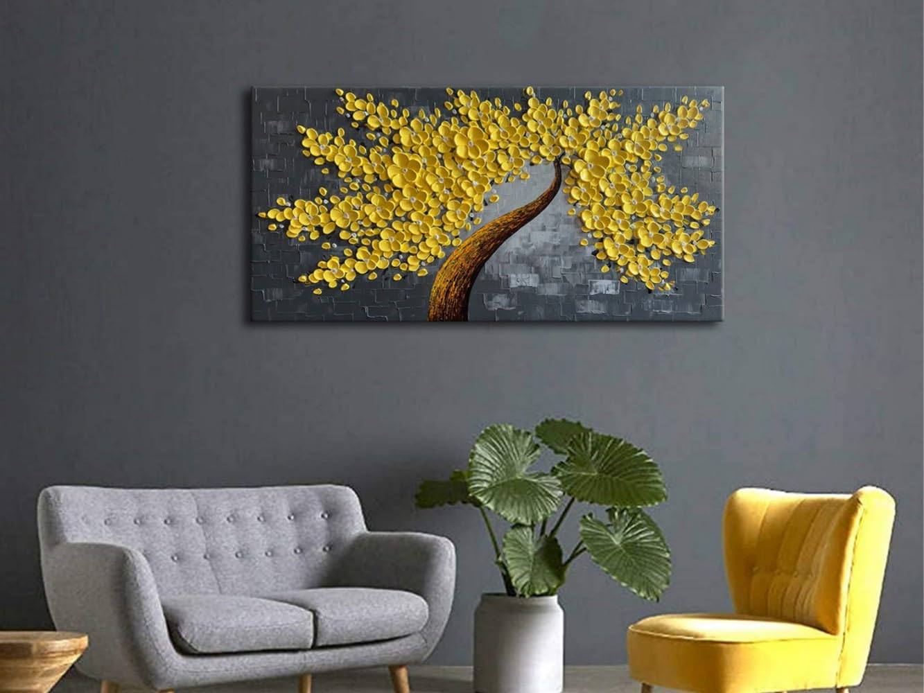 Alenoss Hand Painted Yellow Floral Oil Painting on Canvas - 48x24 Inches Large Abstract Wall Art for Living Room, Bedroom & Office Decor | Modern Home Decorations & Unique Gift Idea