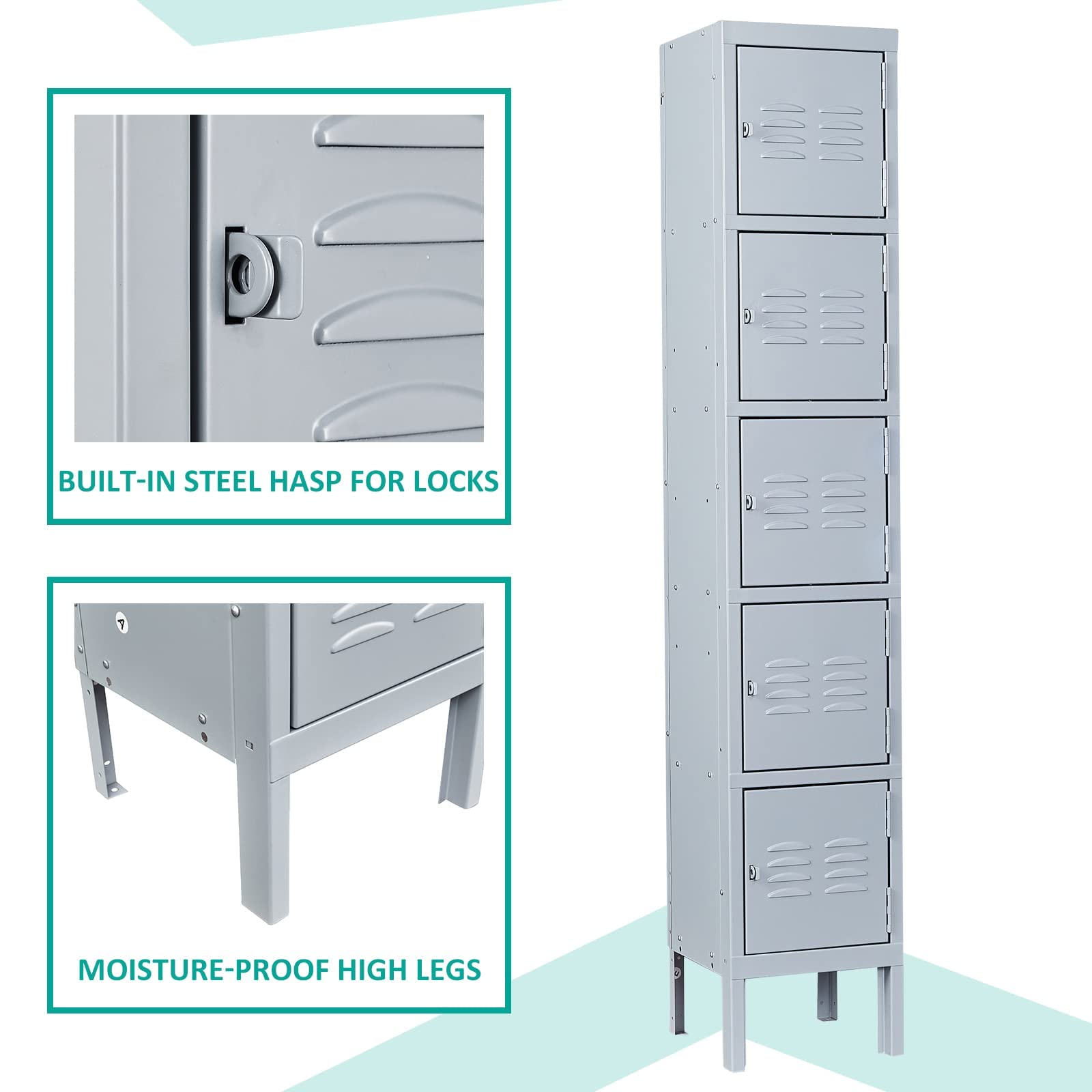 SESESOL 5-Door Metal Locker - Heavy Duty Steel Storage Cabinet for School, Office, Gym, Home & Shop - Secure Employee Lockers with Durable Gray Finish - Perfect for Locker Rooms, Storage Areas & Workspaces