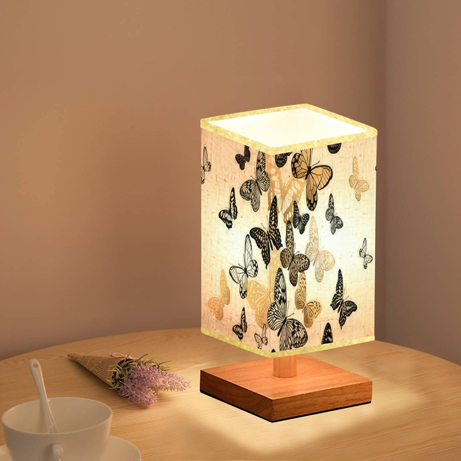 Modern Square Bedside Table Lamp with Gold & Black Butterfly Design, Wooden Base & Flaxen Fabric Shade - Dimmable Nightstand Lamp for Bedroom, Living Room, Nursery | Perfect for Reading, Relaxing & Creating Cozy Ambiance