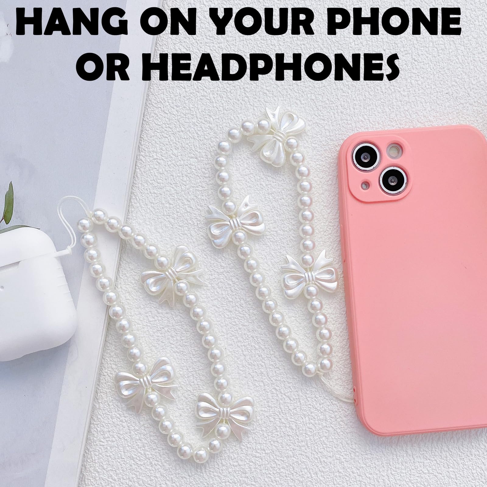 DKDDSSS 4-Pack White Pearl Phone Strap - Stylish Beaded Phone Chain Jewelry for Women & Girls, Durable Plastic Phone Accessories for Everyday Use, Party, and Gift Giving