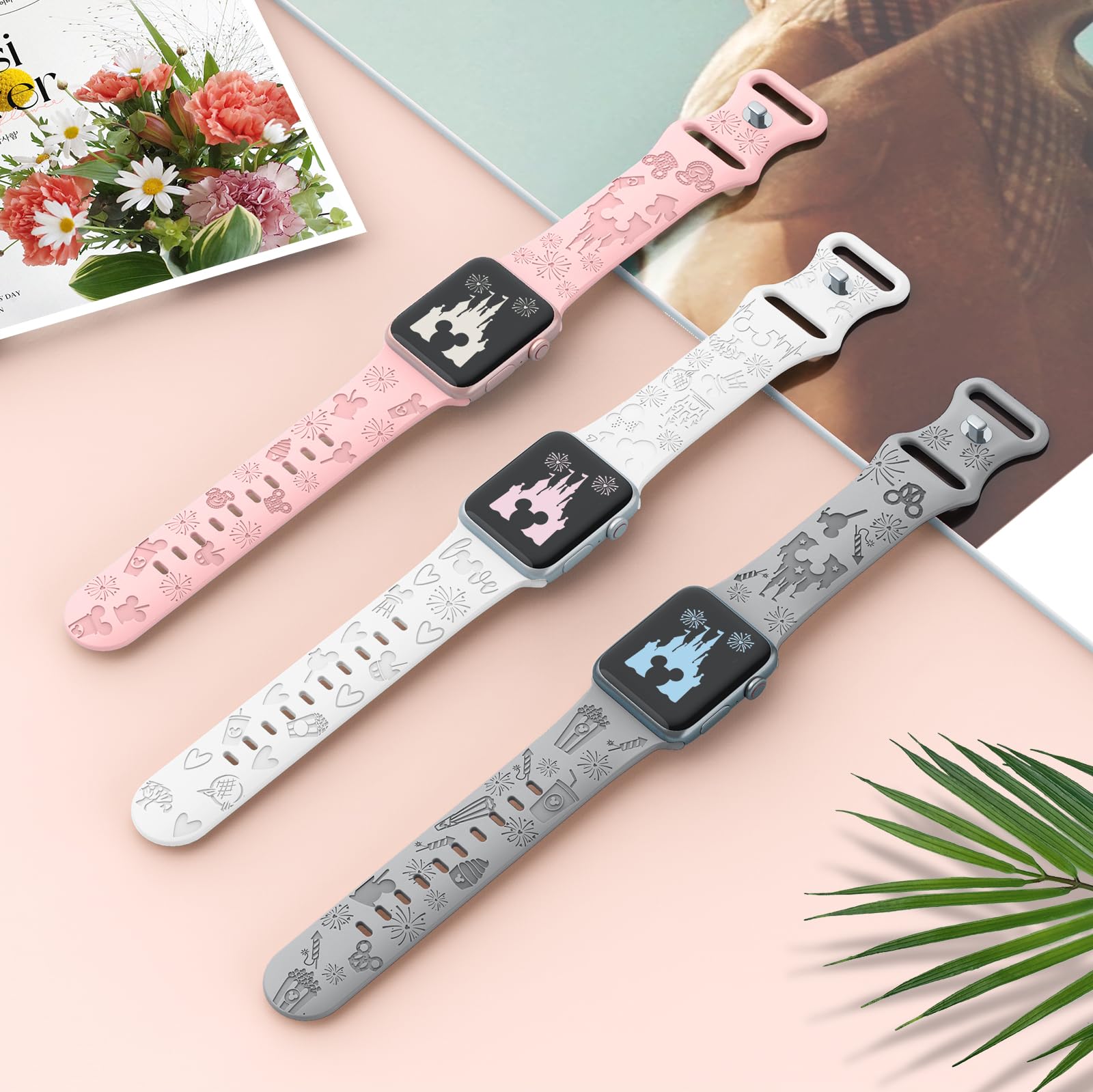 3 Pack Cute Cartoon Engraved Apple Watch Bands - Soft Silicone Strap Compatible with iWatch Series 8/7/6/SE/5/4/3/2/1/Ultra (38mm 40mm 41mm 42mm 44mm 45mm 49mm) - Fashion Wristband for Women & Girls - Perfect for Workouts, Daily Wear & Gift Giving
