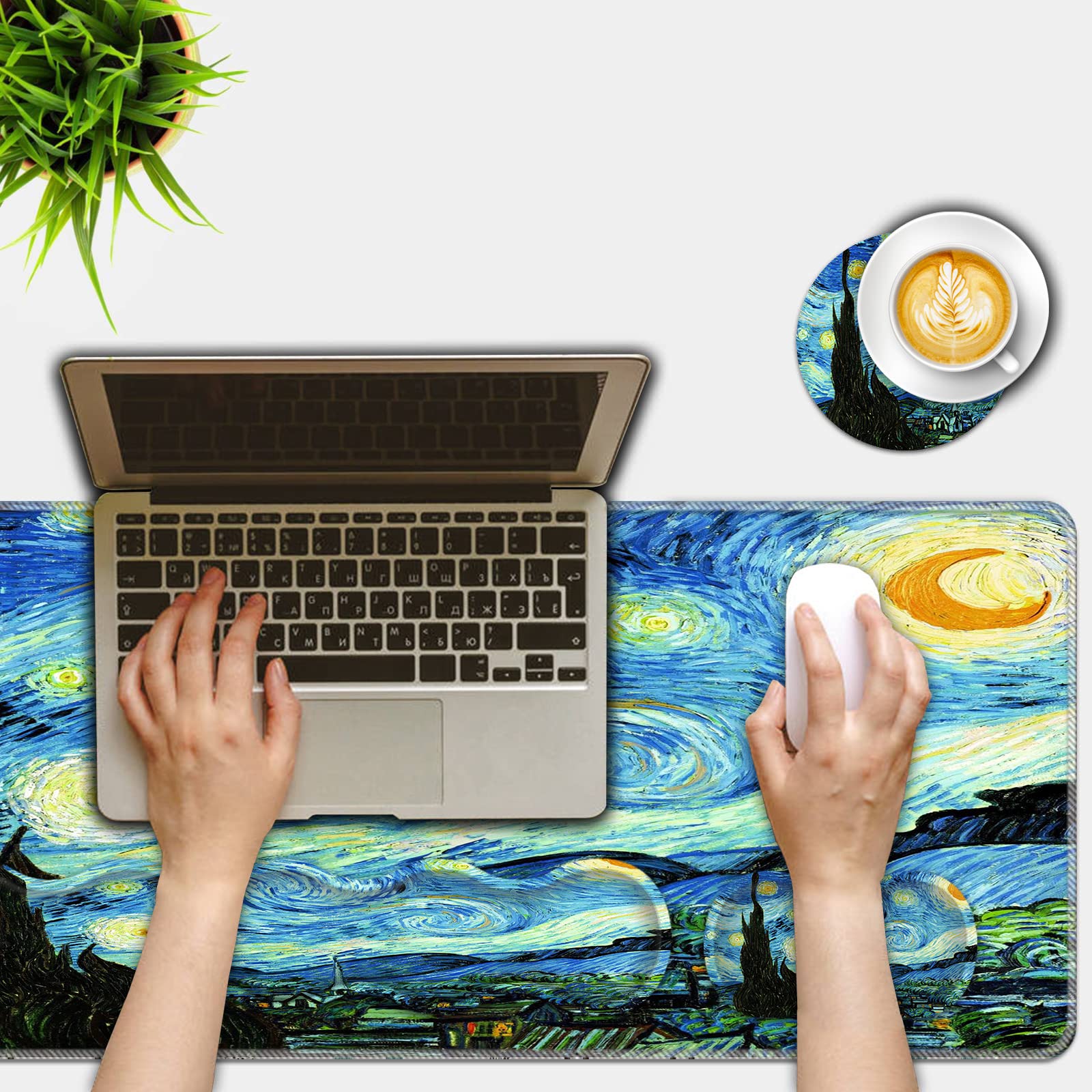 Premium Mouse Pad Set (31.5×11.8 in) - Extra Large Desk Mat with Keyboard Wrist Rest, Mouse Wrist Support & Coaster - Ergonomic Office & Home Computer Accessories for Laptop & PC Workstations - Starry Night Design
