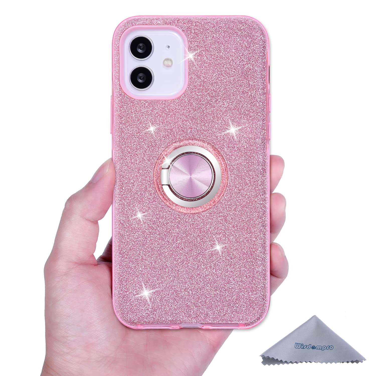 Wisdompro Sparkle Glitter Protective Phone Case with Ring Kickstand for iPhone 12 Mini 5.4 Inch - Pink, Cute Bling Design for Women & Girls | Perfect for Everyday Use, Parties, and Gifting