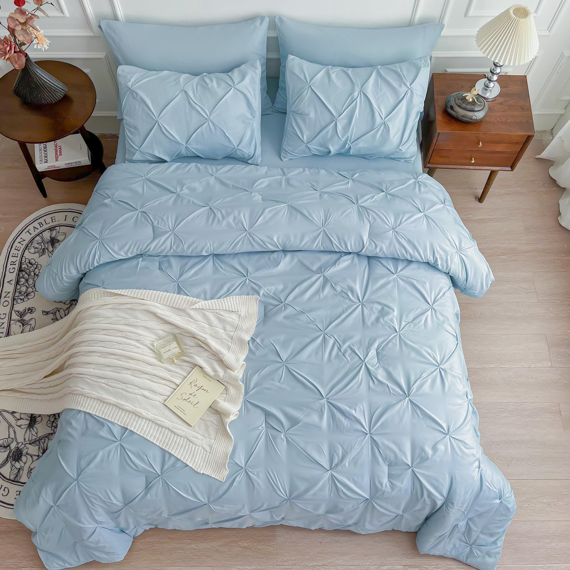 Maple & Stone 7-Piece King Size Comforter Set - Light Blue Pintuck Bedding with Comforter, Sheets, Pillowcases & Shams | Luxury Bed in a Bag for Master Bedroom & Guest Room Decor
