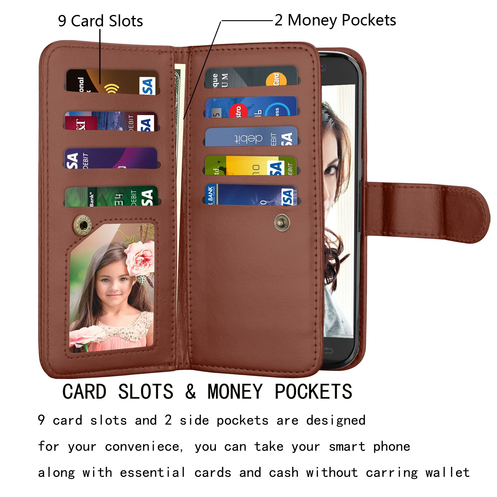 Premium PU Leather Wallet Case for Samsung Galaxy S7 Edge - 9 Card Slots, Detachable Flip Cover with Magnetic Wrist Strap & Kickstand (Brown) | Ideal for Business, Travel & Everyday Use