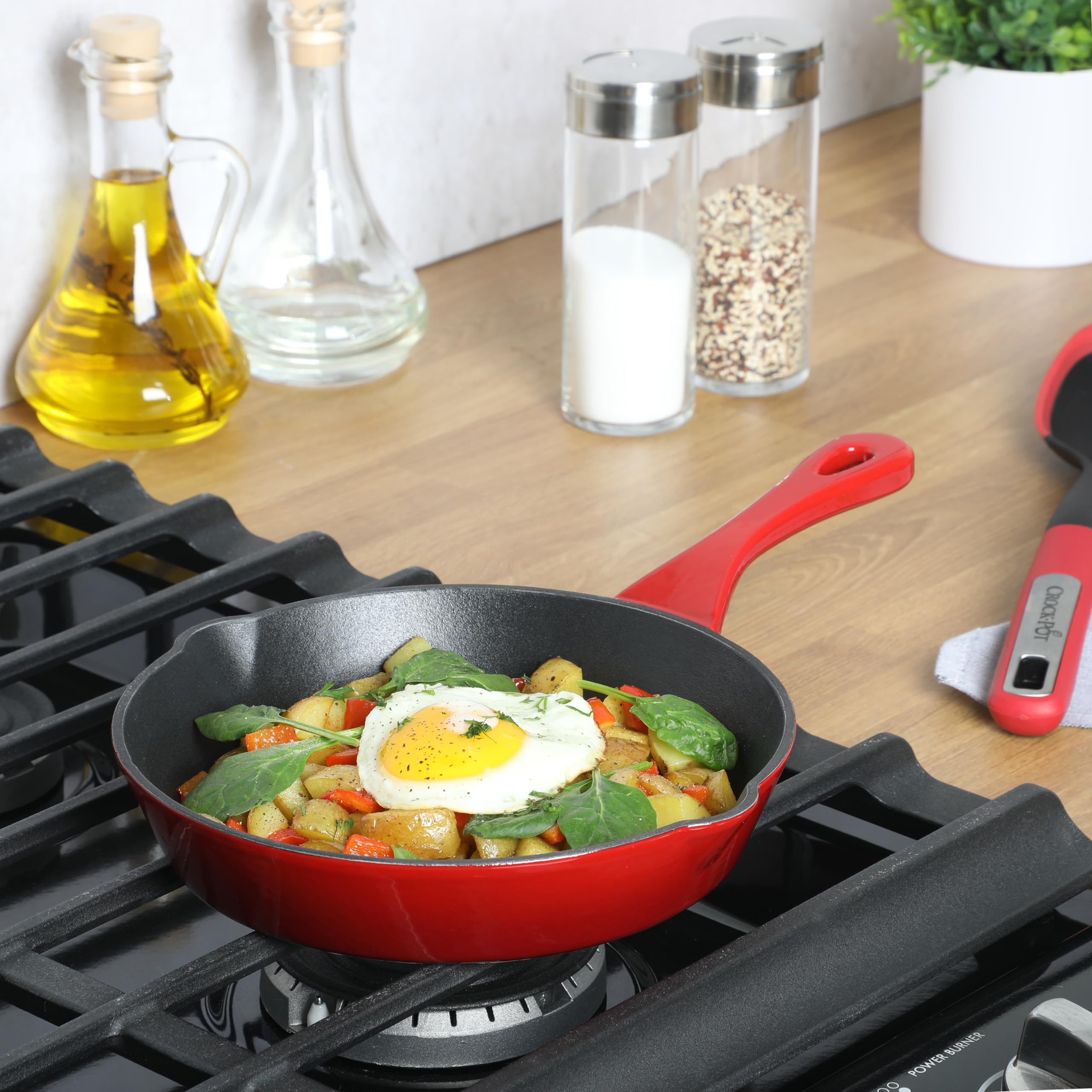 8 Inch European Enameled Cast Iron Skillet by Crock Pot - Gradient Red | Durable Non-Stick Cookware for Baking, Searing & Serving | Perfect for Stovetop, Oven & Camping