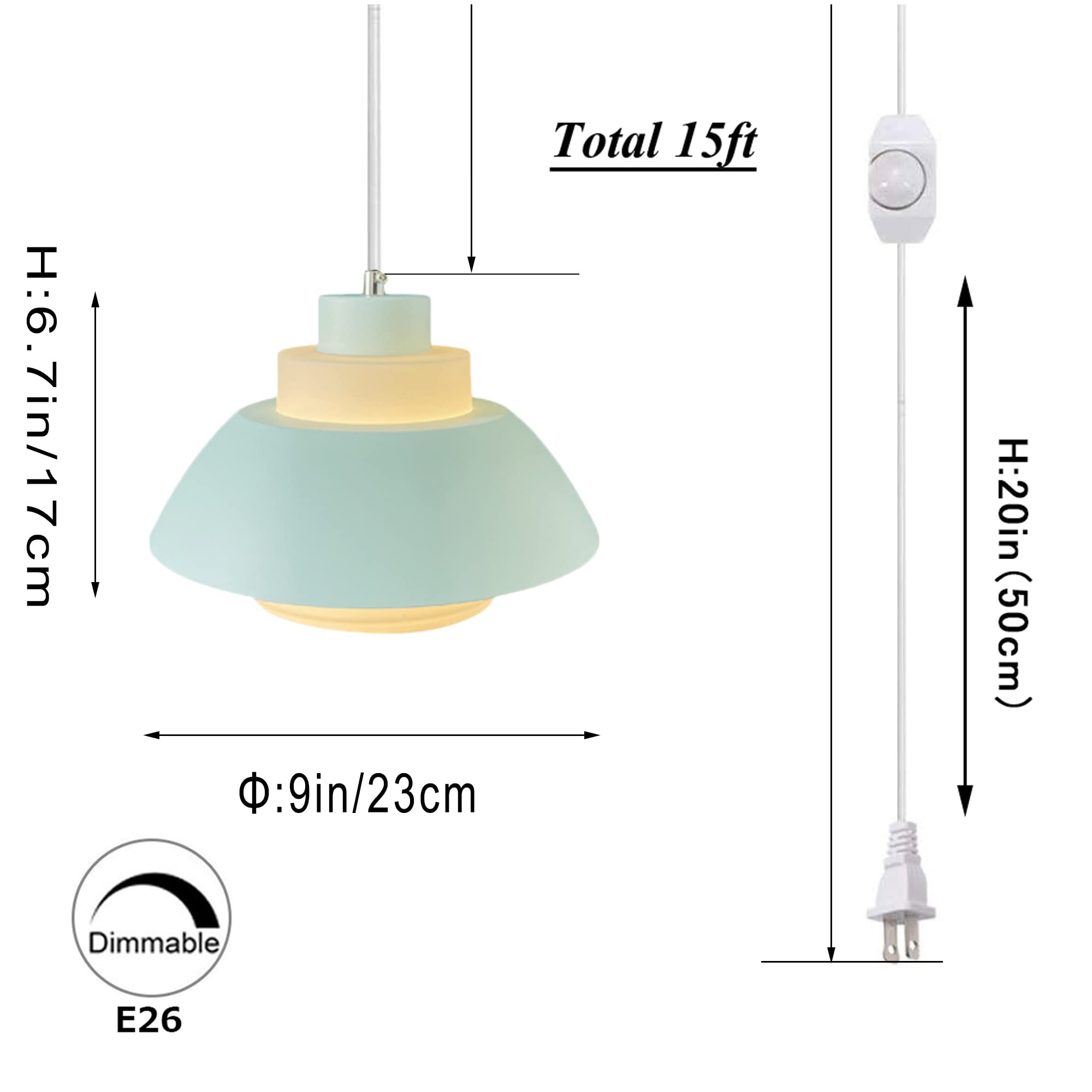 15ft Plug-in Acrylic Handle Pendant Light with UL Dimmer Switch - Macaron Green Nordic Minimalist Loft Style Lampshade for Living Room, Bedroom & Dining Room (Bulbs Not Included)