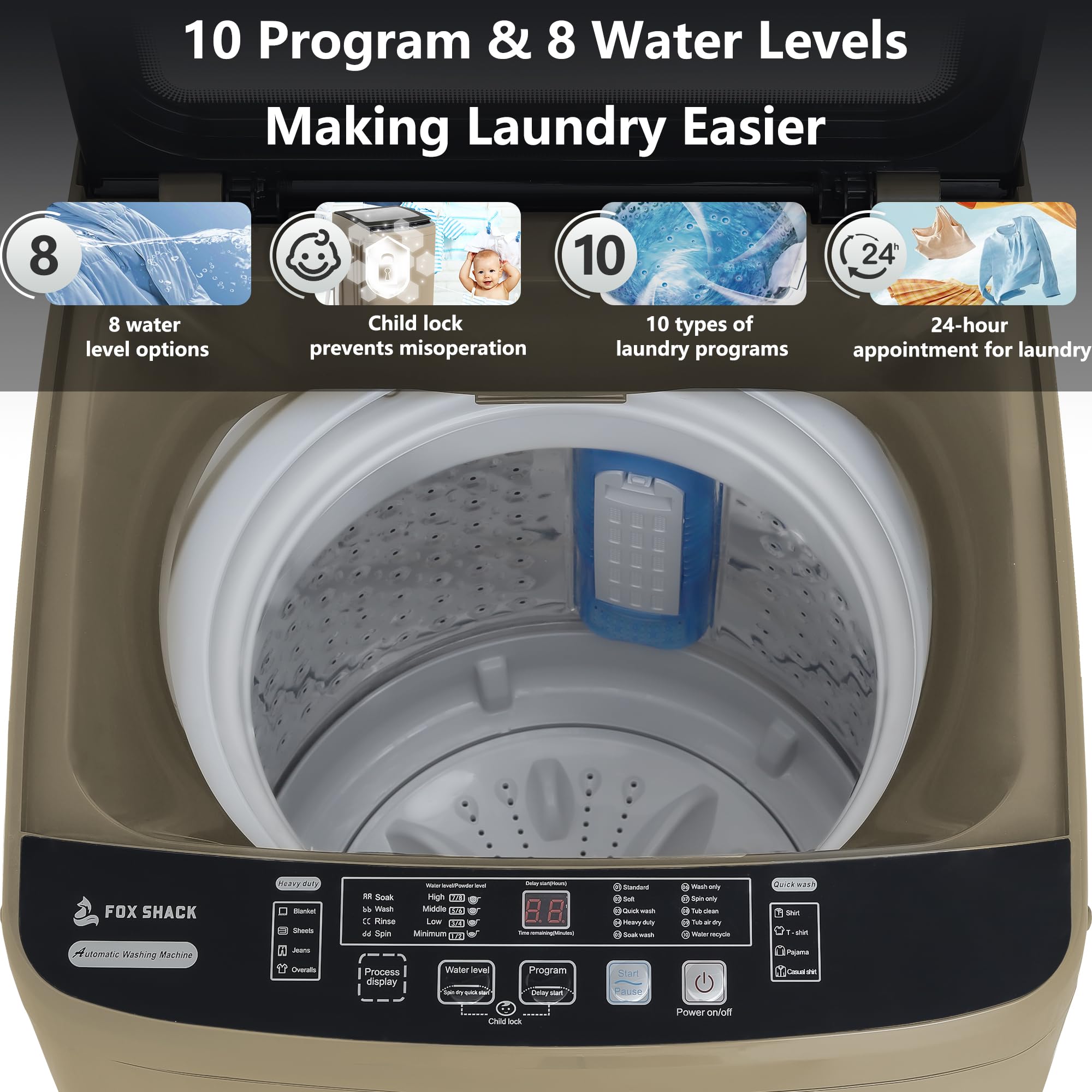 Compact Automatic Washing Machine 17.7LBS Capacity - Portable Washer with Glass Lid, 10 Programs & LED Display - 8 Water Level Options for Apartments, RV, Dorm - Perfect for Small Space Laundry & Travel Use (Gold)