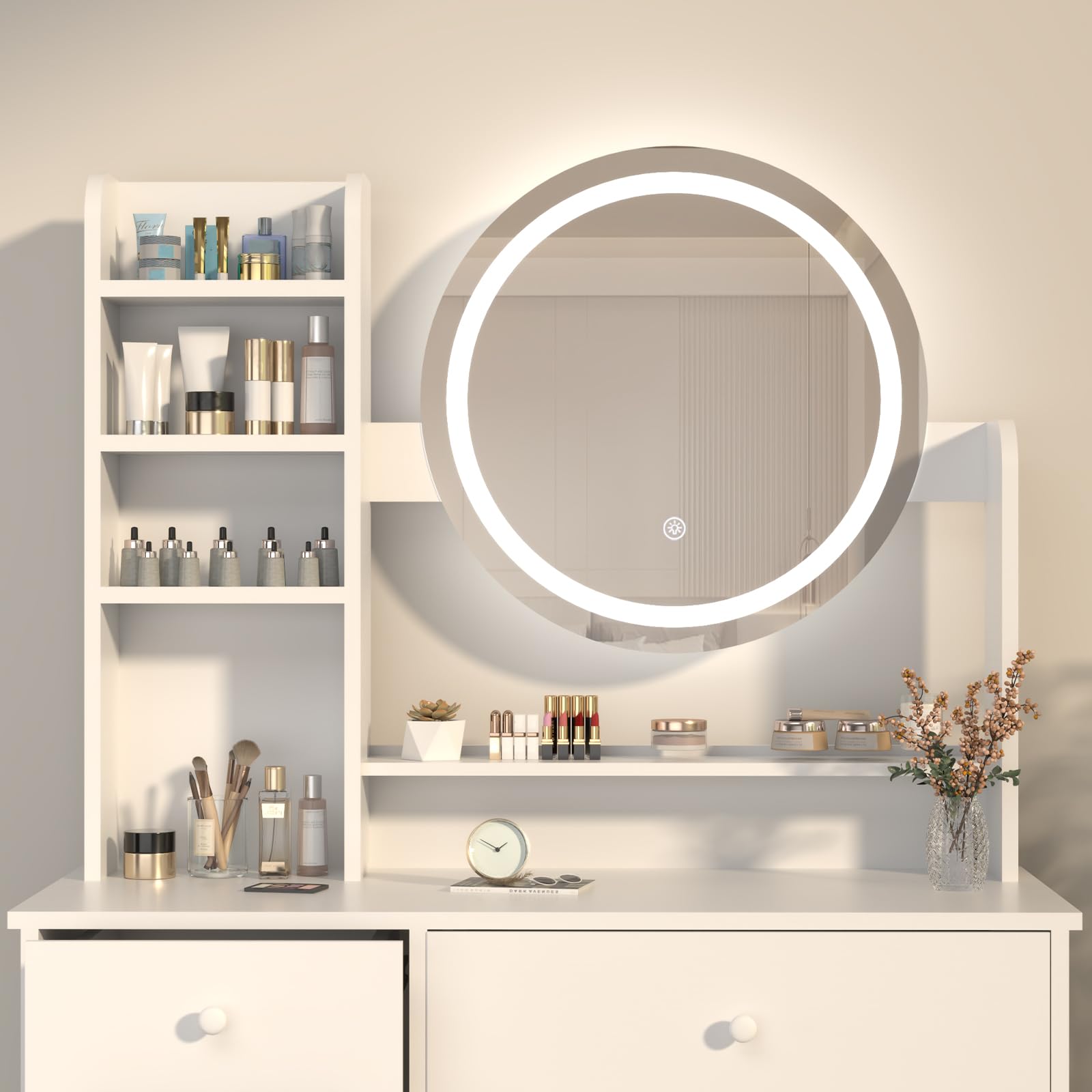 AIMEZO Small Makeup Vanity Desk with Mirror & LED Lights - Adjustable 3 Light Modes & Brightness - Vanity Table Set with Storage Drawer, Chair & 4 Shelves - Perfect for Bedroom, Dressing Room & Home Beauty Station - White