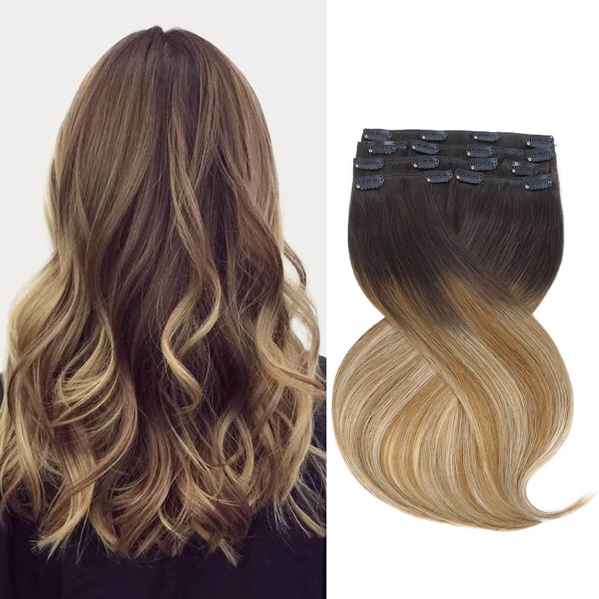 Marat Clip in Human Hair Extensions 22 Inch 120g - Dark Brown to Chestnut Brown & Dirty Blonde Straight Hair Extensions | Perfect for Parties, Weddings & Daily Styling